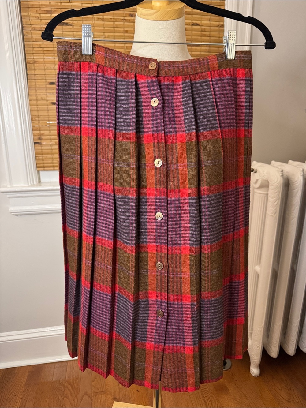 Vintage Pleated Plaid Midi Skirt in Red, Brown & Purple